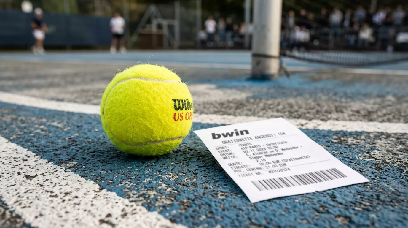 Tennisball auf dem Platz neben einem Wettschein mit Freiwetten-Angebot