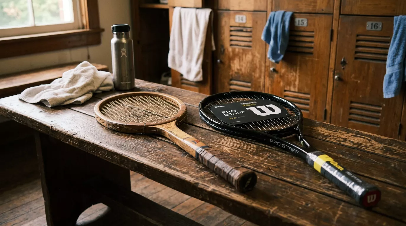 Abgenutzter Tennisschläger neben einem neuen auf einer Bank
